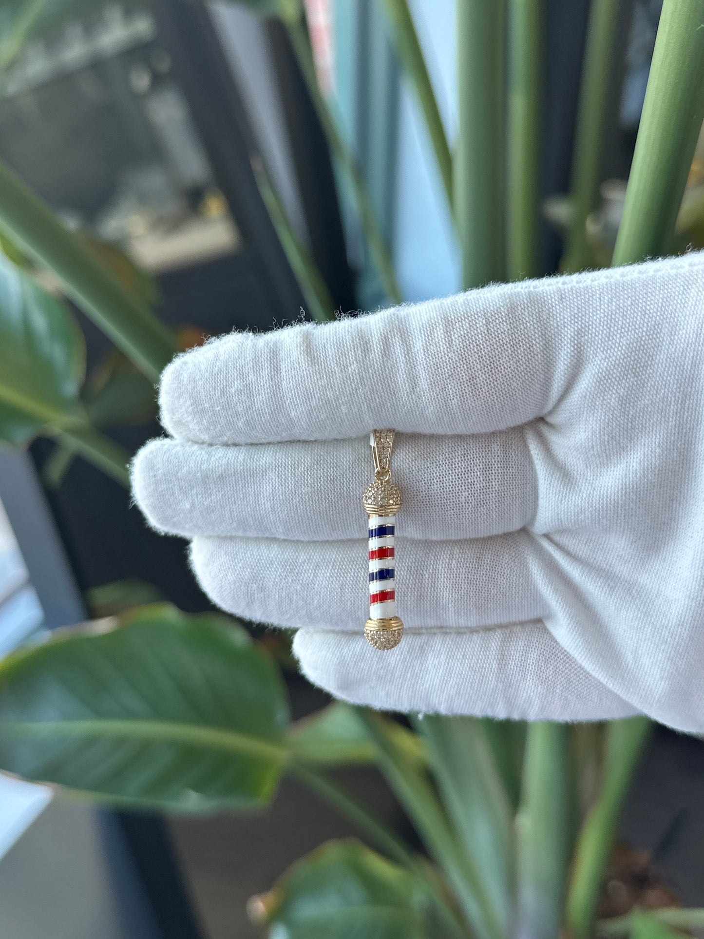 14k Yellow Gold Enameled Barber Shop Pin Wheel With Cubic Zirconium - General Design Jewelers