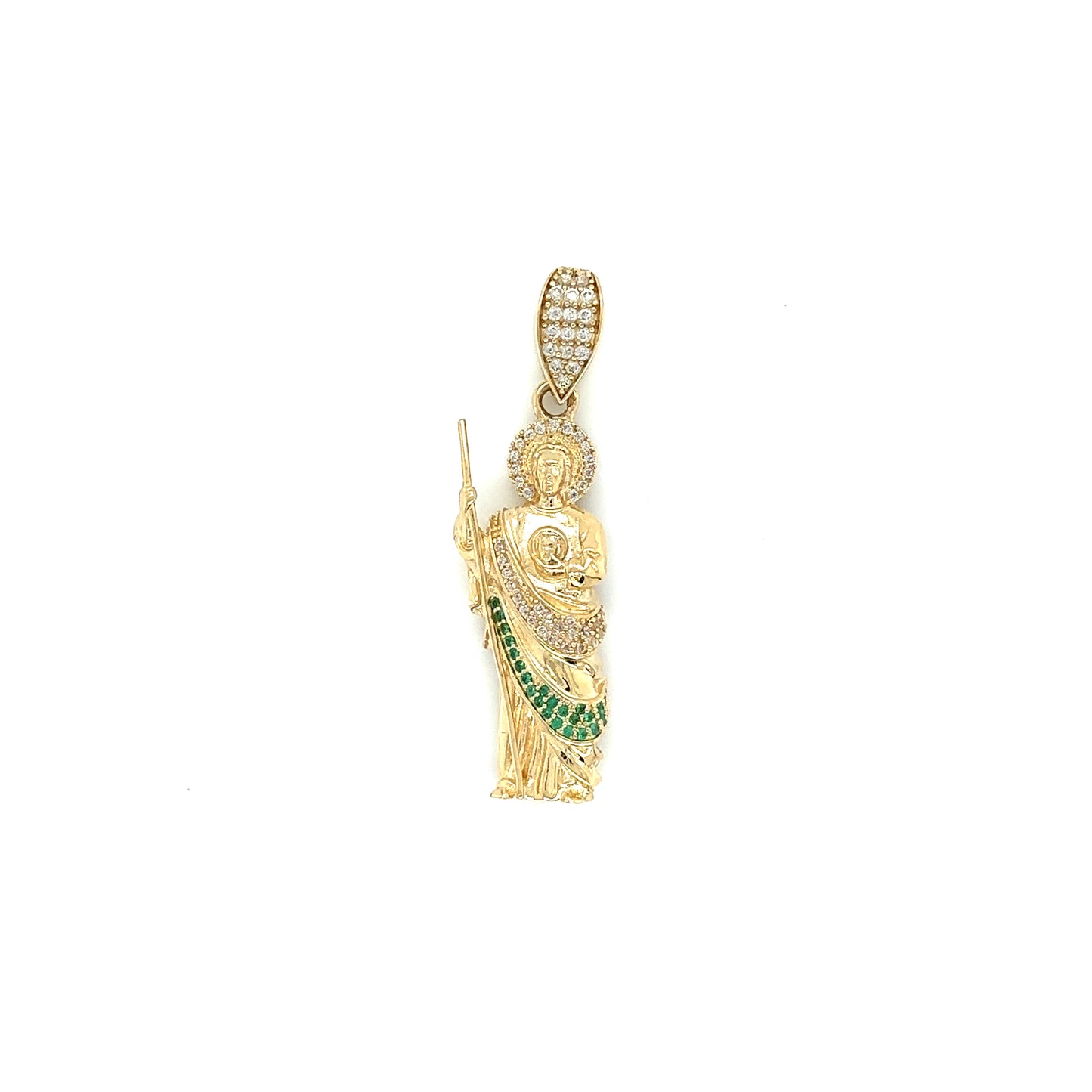 14k Yellow Gold Green & White Cubic Zirconium Saint Jude Pendant - General Design Jewelers