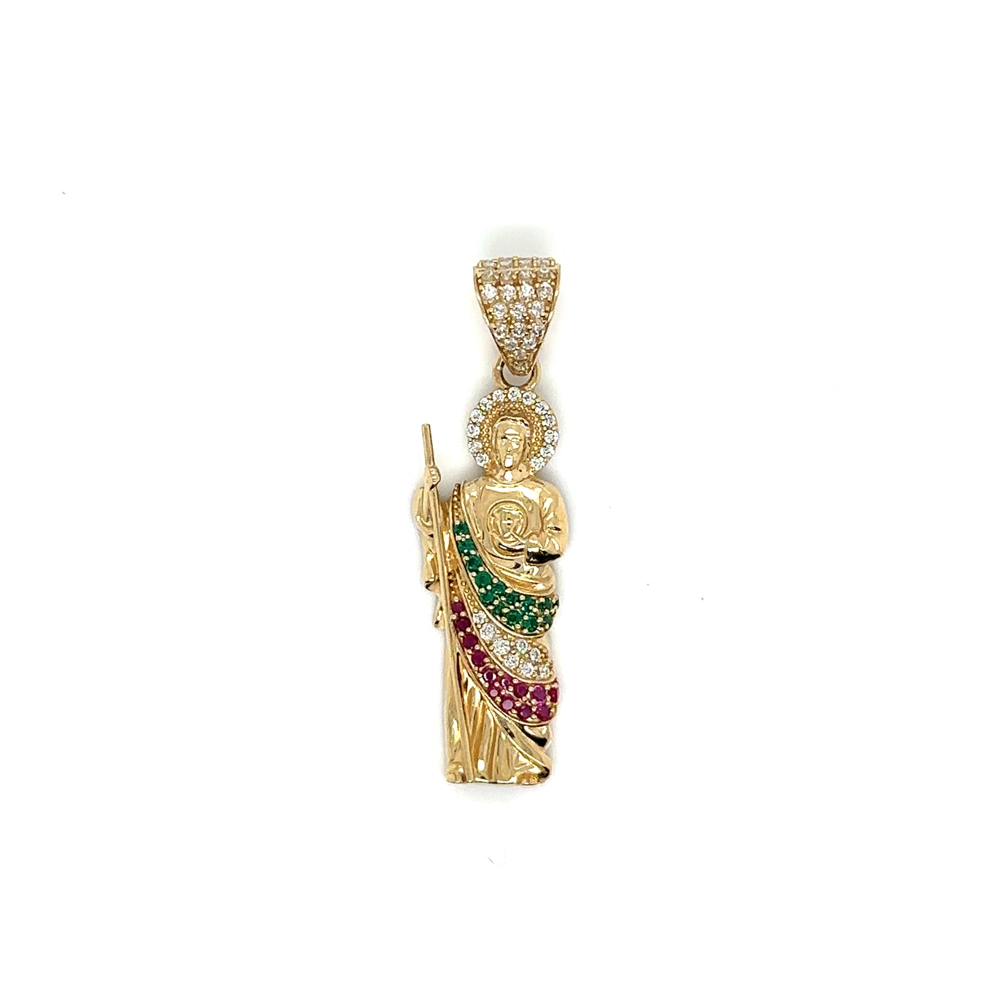 14k Yellow Gold Green, White & Red Cubic Zirconium Saint Jude Pendant - General Design Jewelers