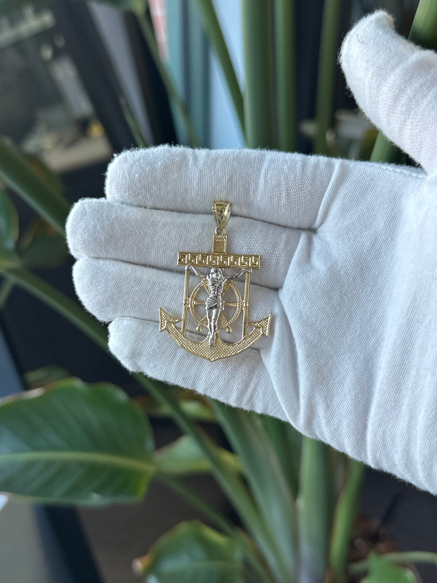 14k Two Tone Gold Crucifix Anchor With White Gold Jesus - General Design Jewelers