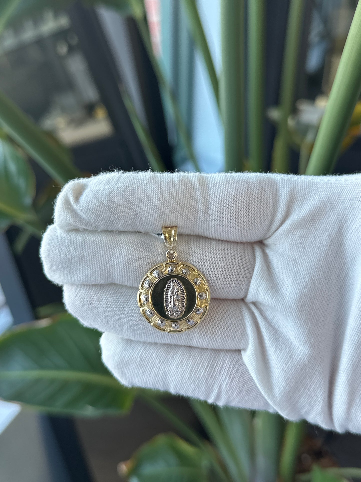 14k Two Tone Yellow and White Gold Flower Shaped Virgin Mary Charm - General Design Jewelers