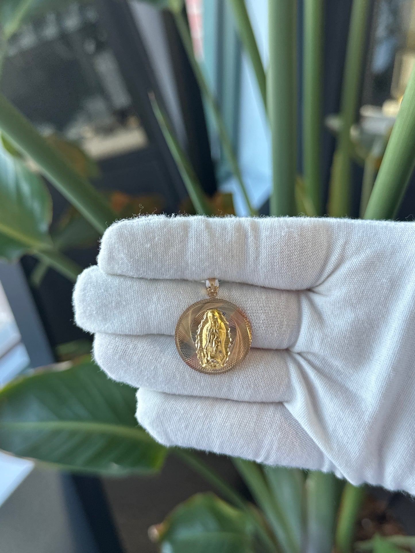 14k Yellow Gold Circle Double Sided Virgin Mary and Saint Charm - General Design Jewelers