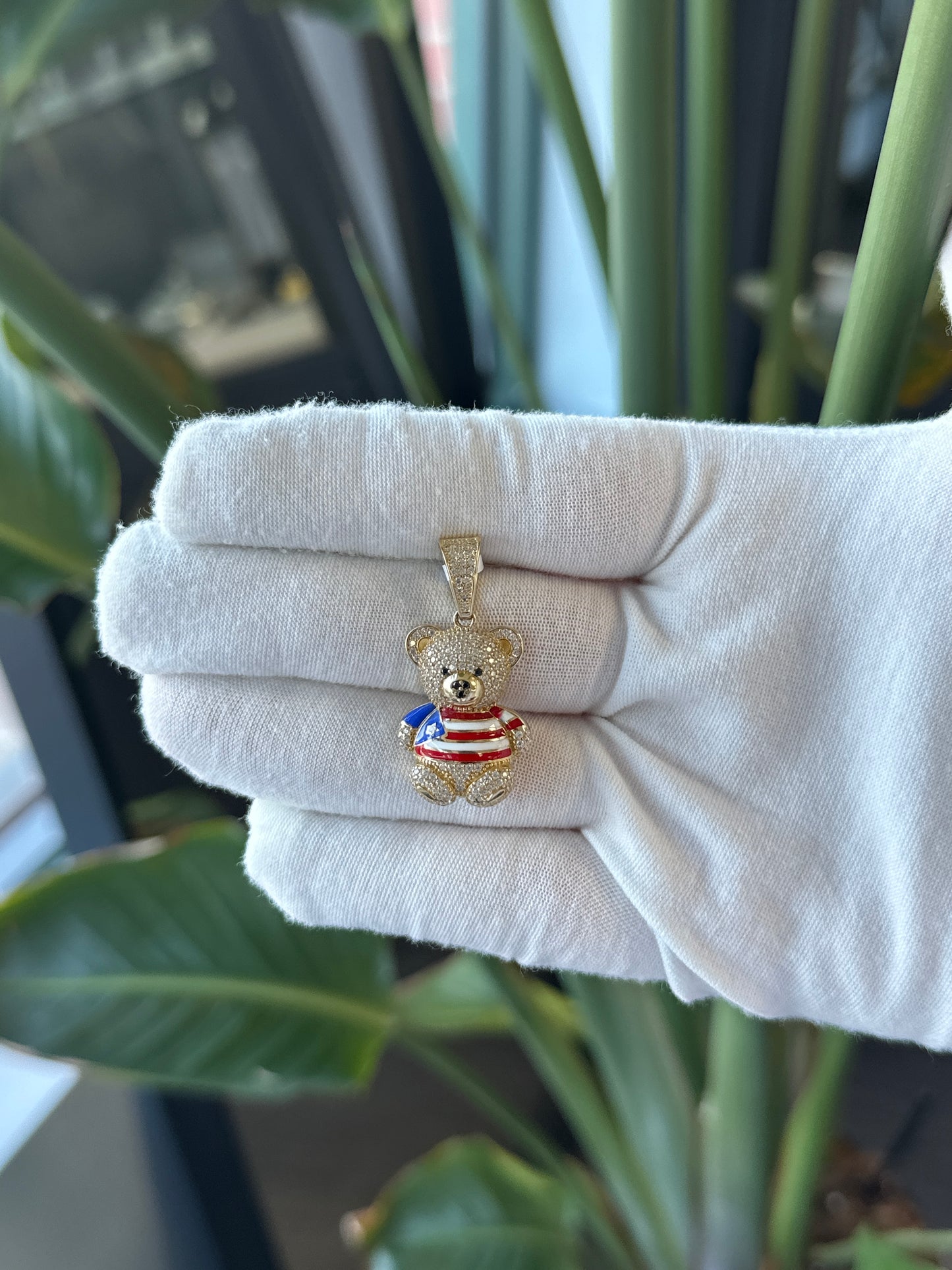 14k Yellow Gold Cubic Zirconium Teddy Bear With Puerto Rican Flag Shirt - General Design Jewelers