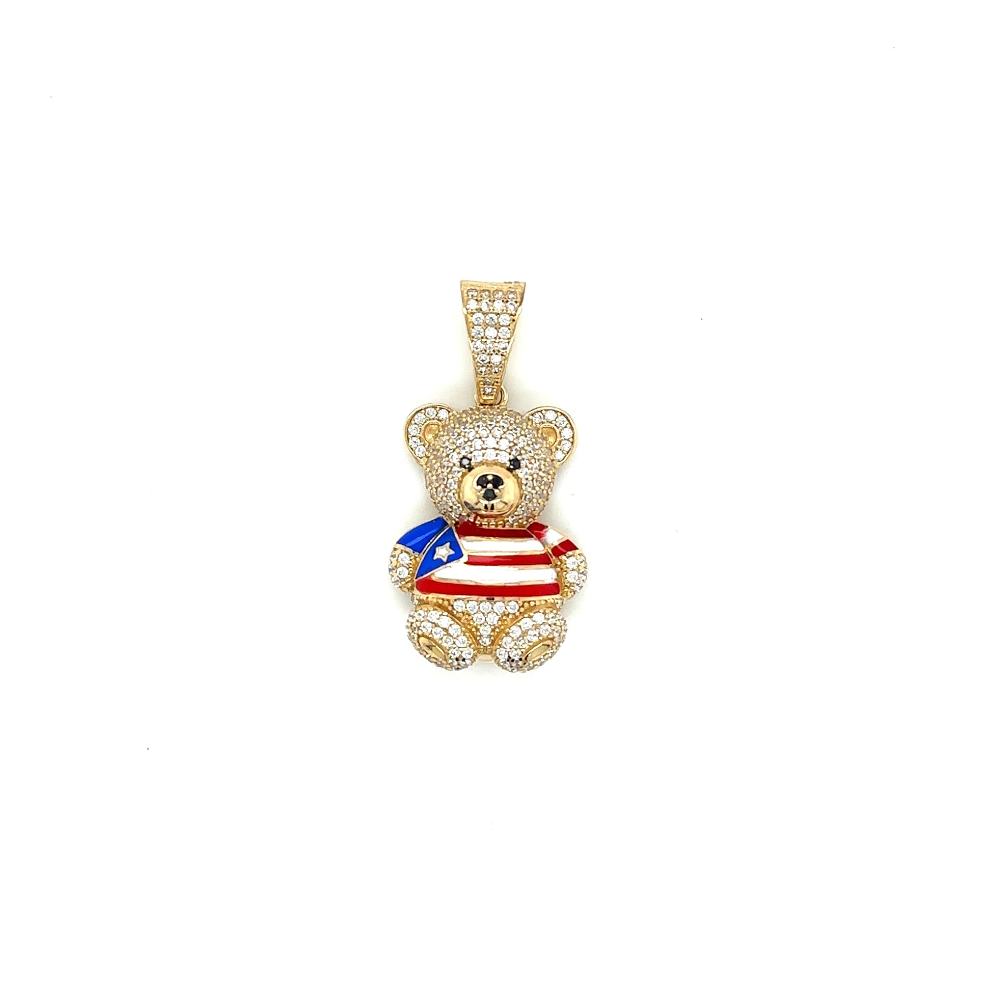 14k Yellow Gold Cubic Zirconium Teddy Bear With Puerto Rican Flag Shirt - General Design Jewelers