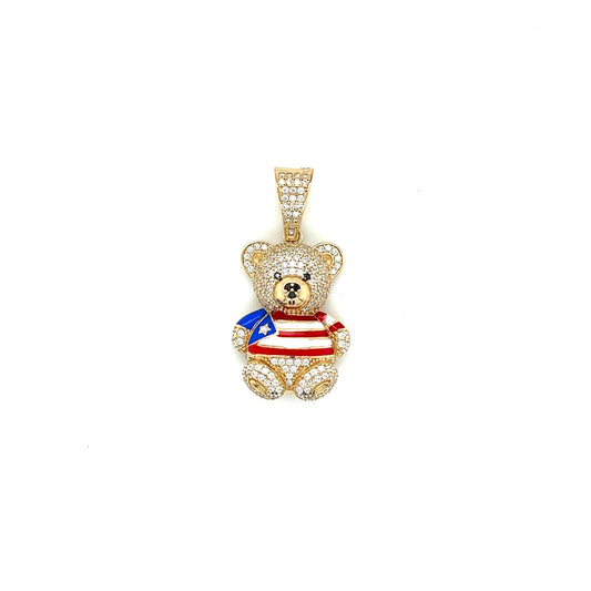 14k Yellow Gold Cubic Zirconium Teddy Bear With Puerto Rican Flag Shirt - General Design Jewelers