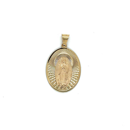14k Yellow Gold Oval Virgin Mary Charm With Diamond Cut Details on Background - General Design Jewelers