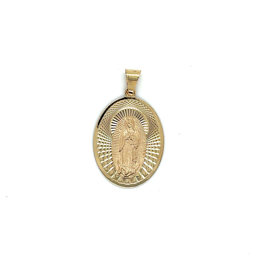 14k Yellow Gold Oval Virgin Mary Charm With Diamond Cut Details on Background - General Design Jewelers