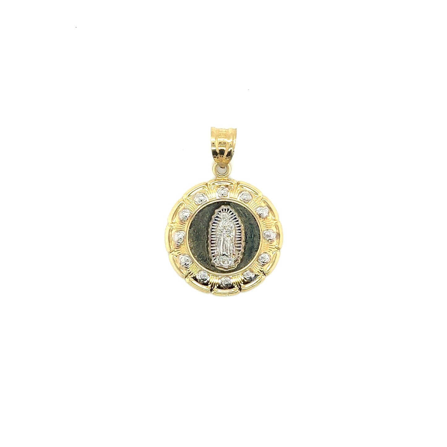 14k Two Tone Yellow and White Gold Flower Shaped Virgin Mary Charm - General Design Jewelers