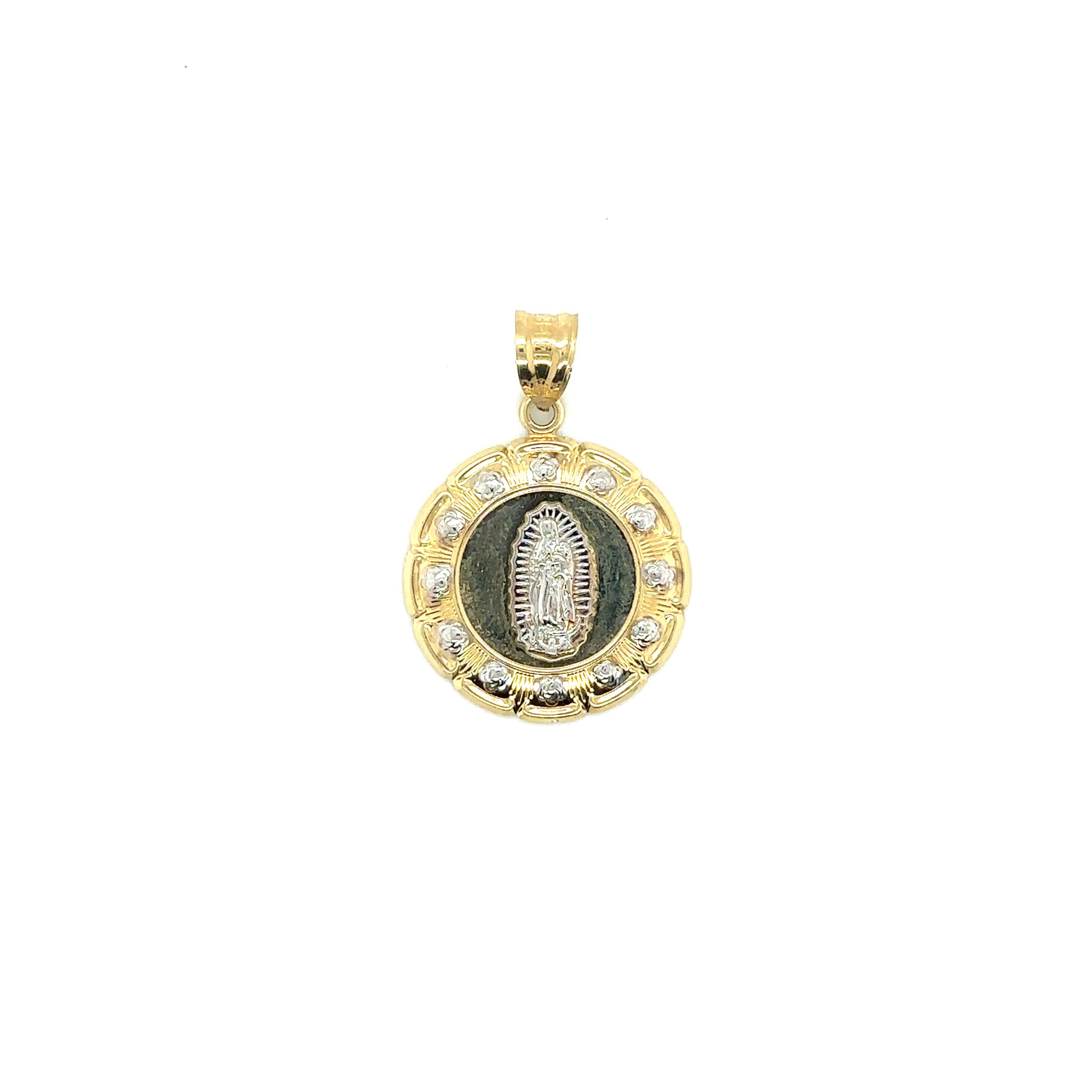 14k Two Tone Yellow and White Gold Flower Shaped Virgin Mary Charm - General Design Jewelers