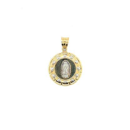 14k Two Tone Yellow and White Gold Flower Shaped Virgin Mary Charm - General Design Jewelers