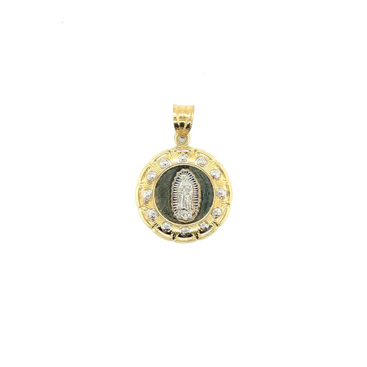 14k Two Tone Yellow and White Gold Flower Shaped Virgin Mary Charm - General Design Jewelers