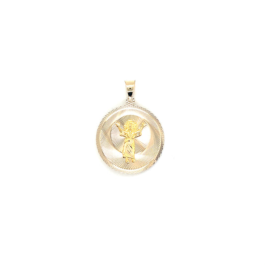 14k Yellow Gold Circle Double Sided Virgin Mary and Saint Charm - General Design Jewelers