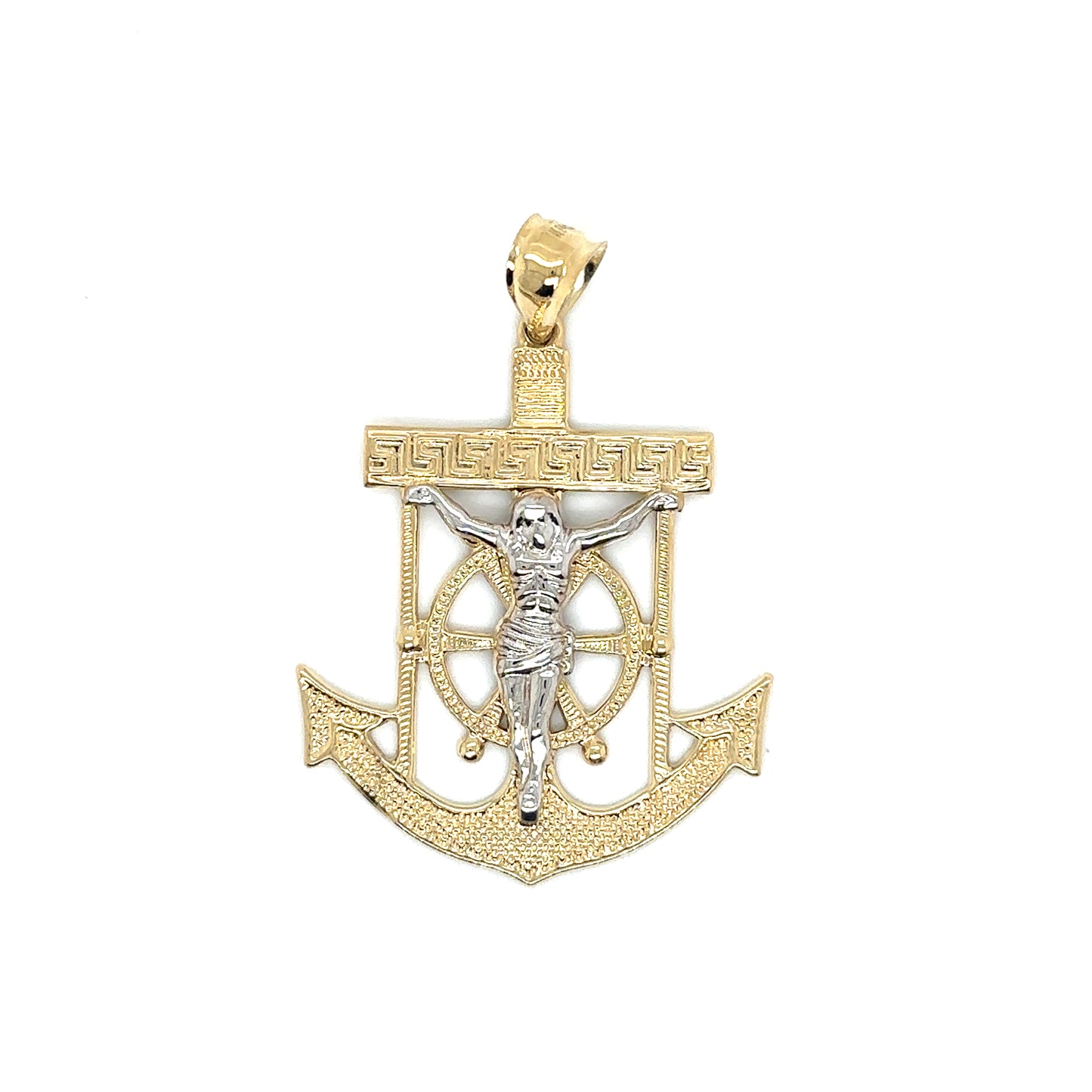 14k Two Tone Gold Crucifix Anchor With White Gold Jesus - General Design Jewelers