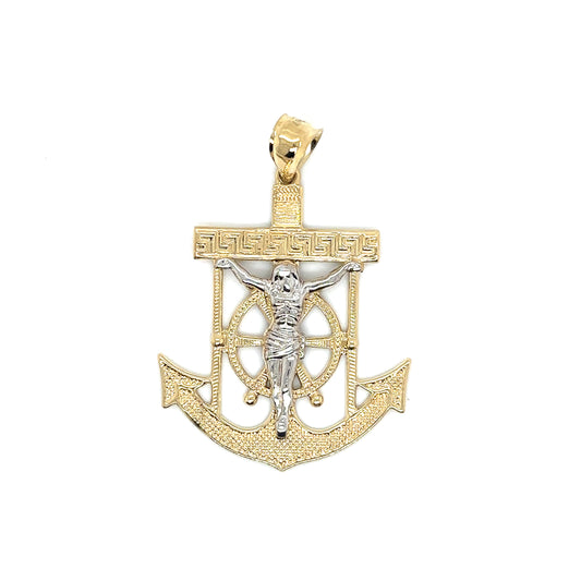 14k Two Tone Gold Crucifix Anchor With White Gold Jesus - General Design Jewelers
