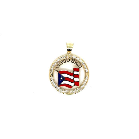 14k Yellow Gold Circle Puerto Rican Flag Pendant With Cubic Zirconium - General Design Jewelers