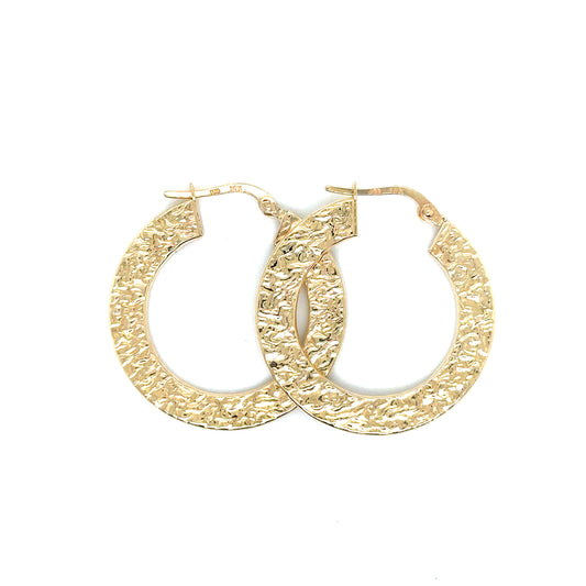 14k Yellow Gold Hammered Finish Hoop Earrings | 1" - General Design Jewelers