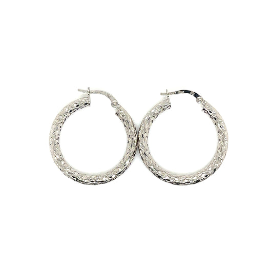 14k White Gold Diamond Cut Hoop Earrings | 1" - General Design Jewelers