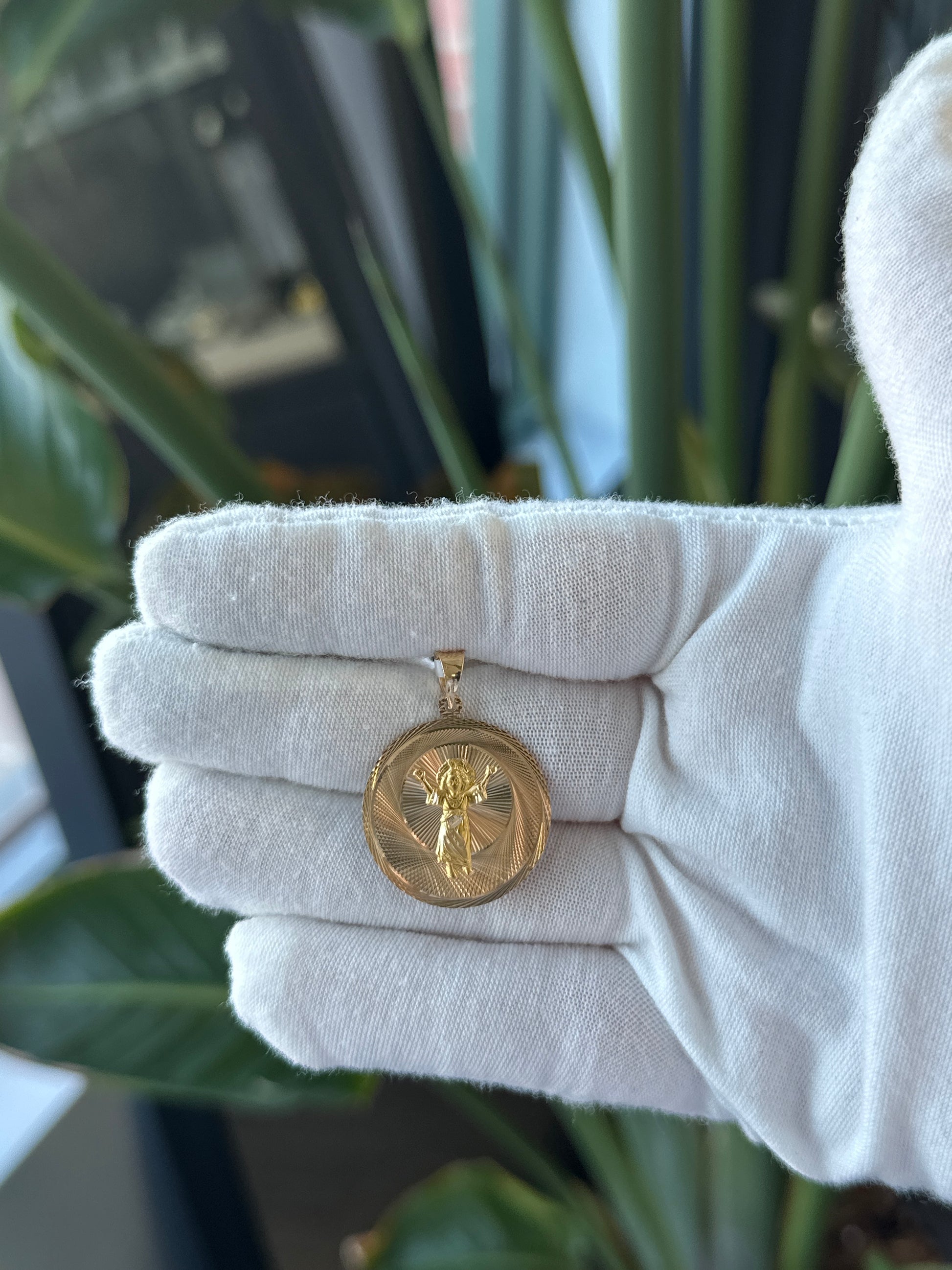 14k Yellow Gold Circle Double Sided Virgin Mary and Saint Charm - General Design Jewelers