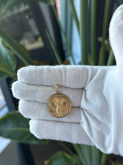 14k Yellow Gold Circle Double Sided Virgin Mary and Saint Charm - General Design Jewelers