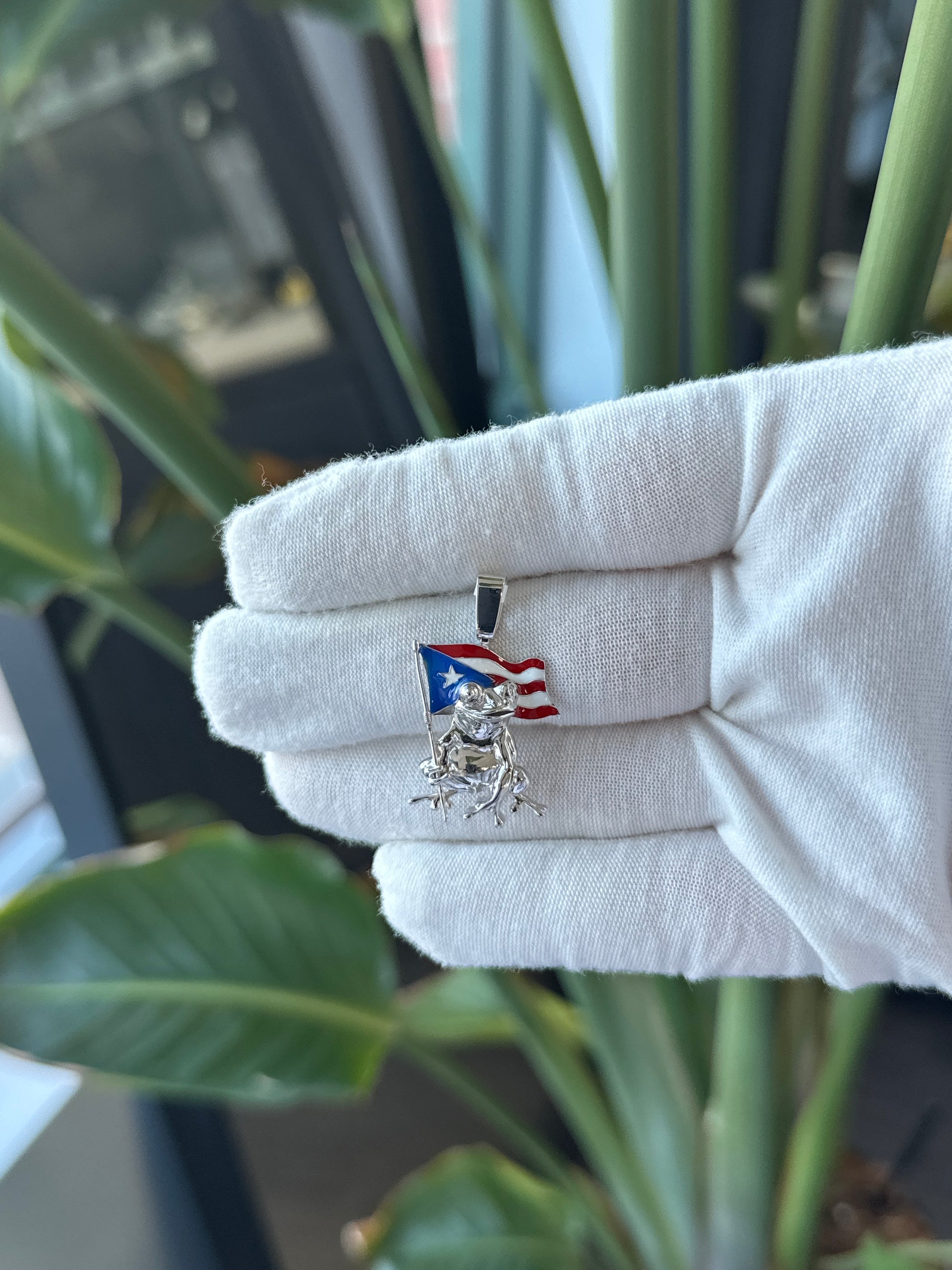 14k Yellow or White Gold Coqui With Puerto Rican Flag Pole Pendant - General Design Jewelers