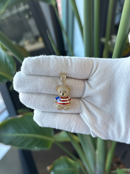 14k Yellow Gold Cubic Zirconium Teddy Bear With Puerto Rican Flag Shirt - General Design Jewelers