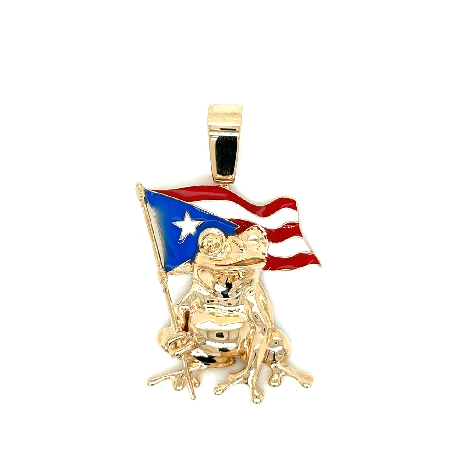 14k Yellow or White Gold Coqui With Puerto Rican Flag Pole Pendant - General Design Jewelers