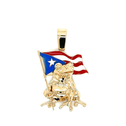 14k Yellow or White Gold Coqui With Puerto Rican Flag Pole Pendant - General Design Jewelers
