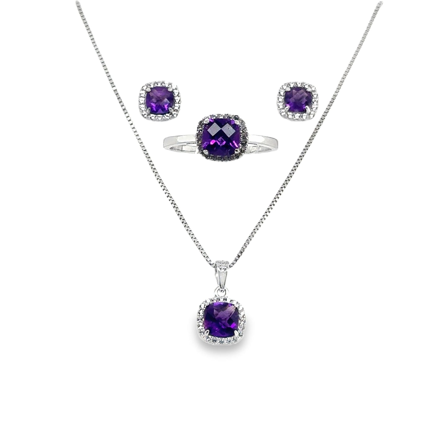 Sterling Silver Earring, Necklace, and Ring Set - February Amethyst