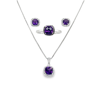 Sterling Silver Earring, Necklace, and Ring Set - February Amethyst