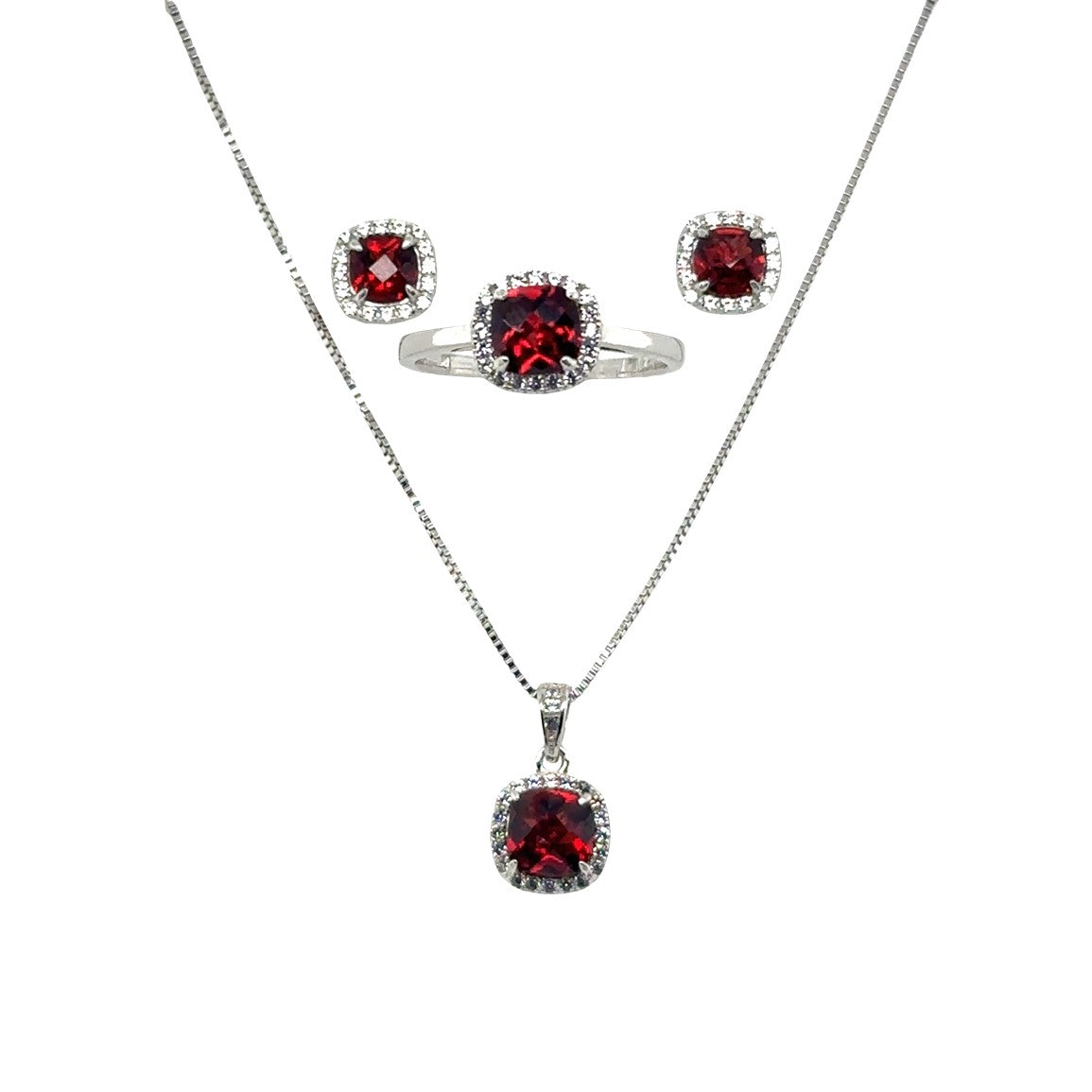 Sterling Silver Earring, Necklace, and Ring Set - January Garnet