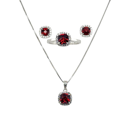 Sterling Silver Earring, Necklace, and Ring Set - January Garnet