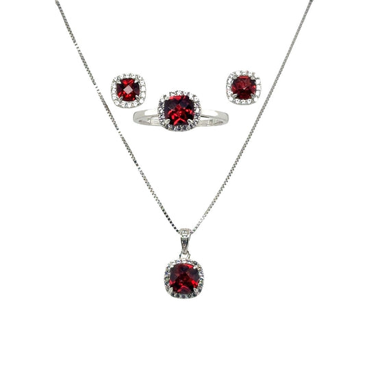 Sterling Silver Earring, Necklace, and Ring Set - January Garnet