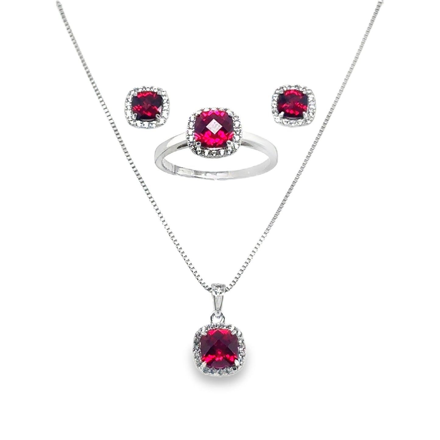 Sterling Silver Earring, Necklace, and Ring Set - July Ruby
