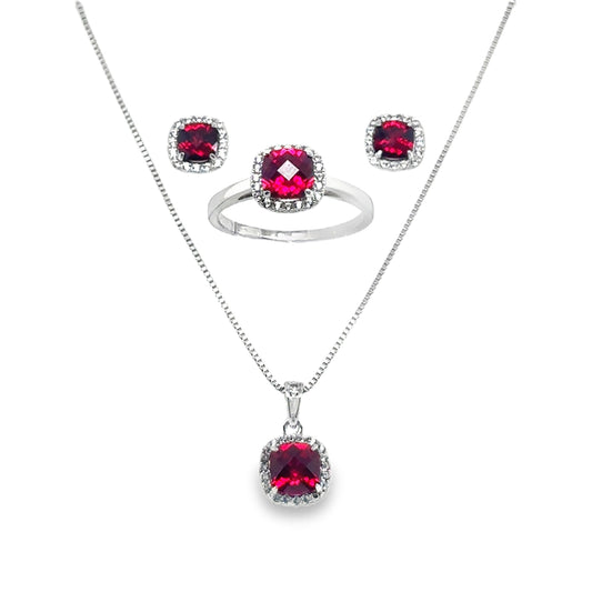 Sterling Silver Earring, Necklace, and Ring Set - July Ruby