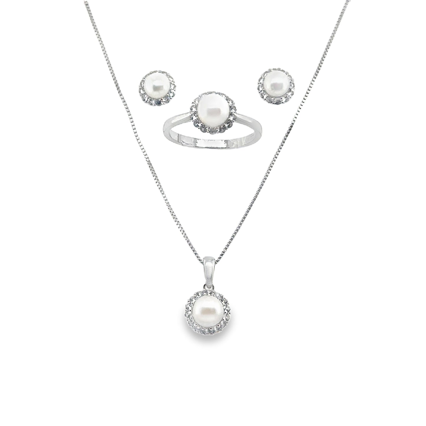 Sterling Silver Earring, Necklace, and Ring Set - June Pearl