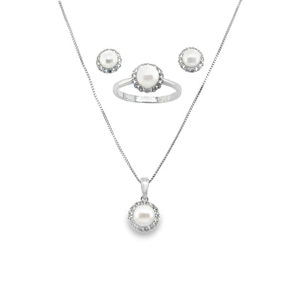 Sterling Silver Earring, Necklace, and Ring Set - June Pearl