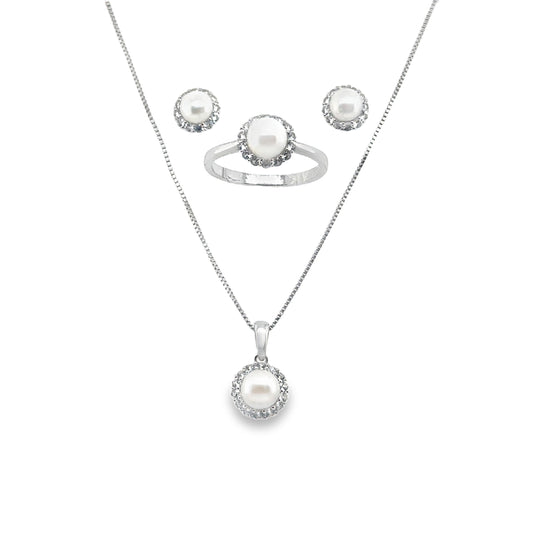 Sterling Silver Earring, Necklace, and Ring Set - June Pearl