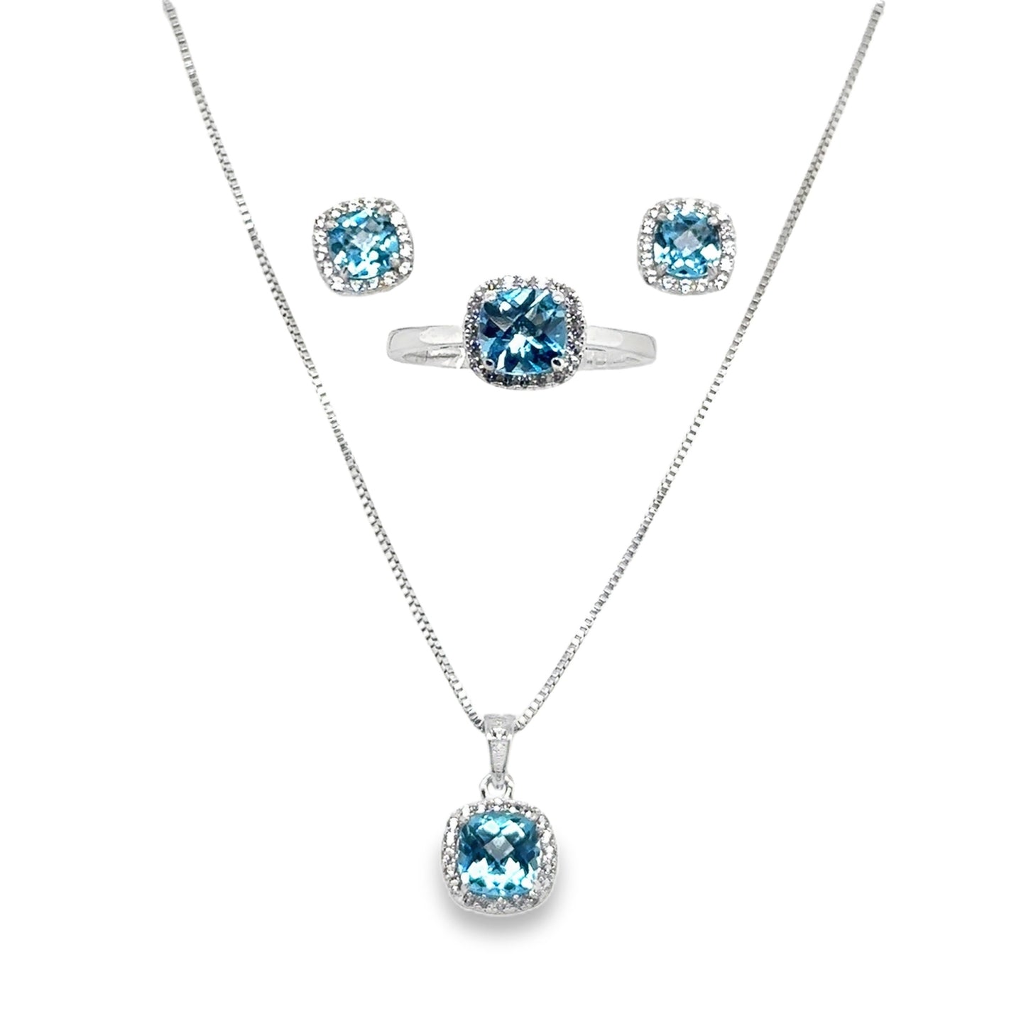 Sterling Silver Earring, Necklace, and Ring Set - March Aquamarine