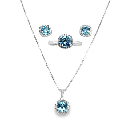 Sterling Silver Earring, Necklace, and Ring Set - March Aquamarine