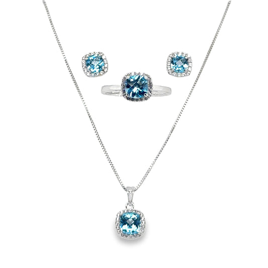 Sterling Silver Earring, Necklace, and Ring Set - March Aquamarine