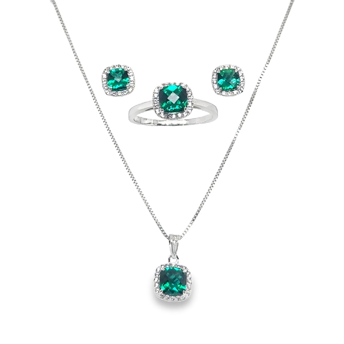 Sterling Silver Earring, Necklace, and Ring Set - May Emerald