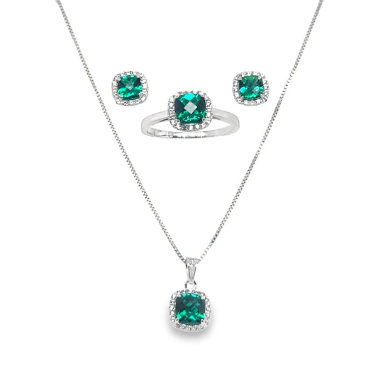 Sterling Silver Earring, Necklace, and Ring Set - May Emerald