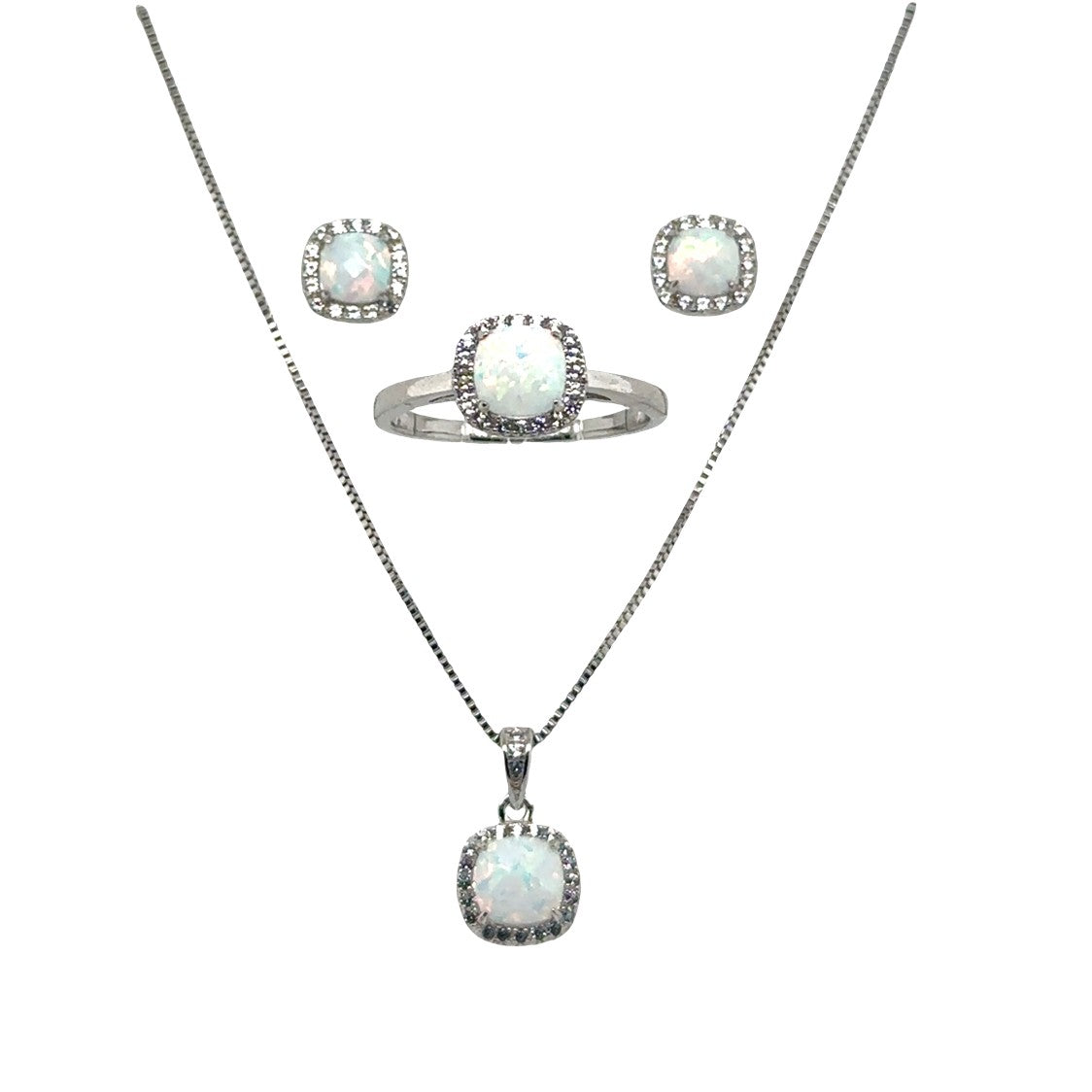 Sterling Silver Earring, Necklace, and Ring Set - October Opal